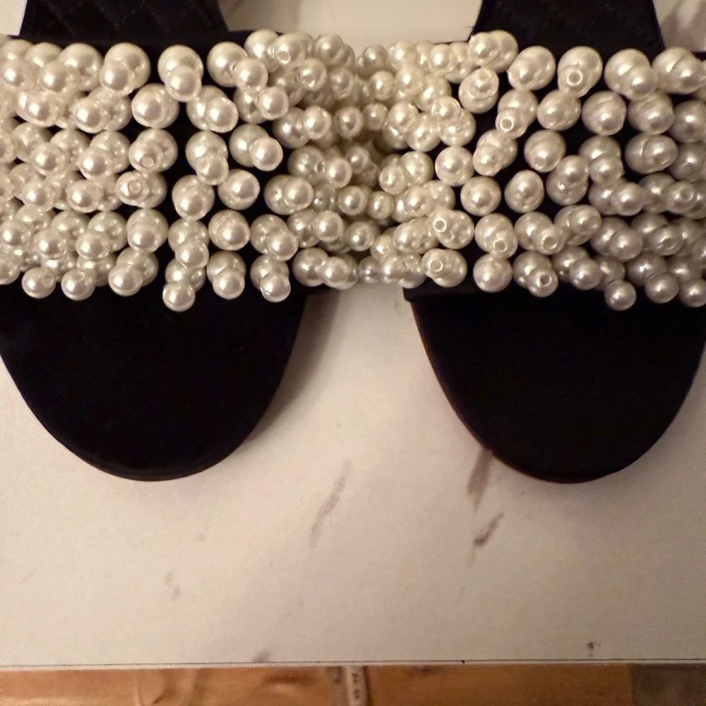Tory Burch Black Sandal Heels with Pearl Fringe